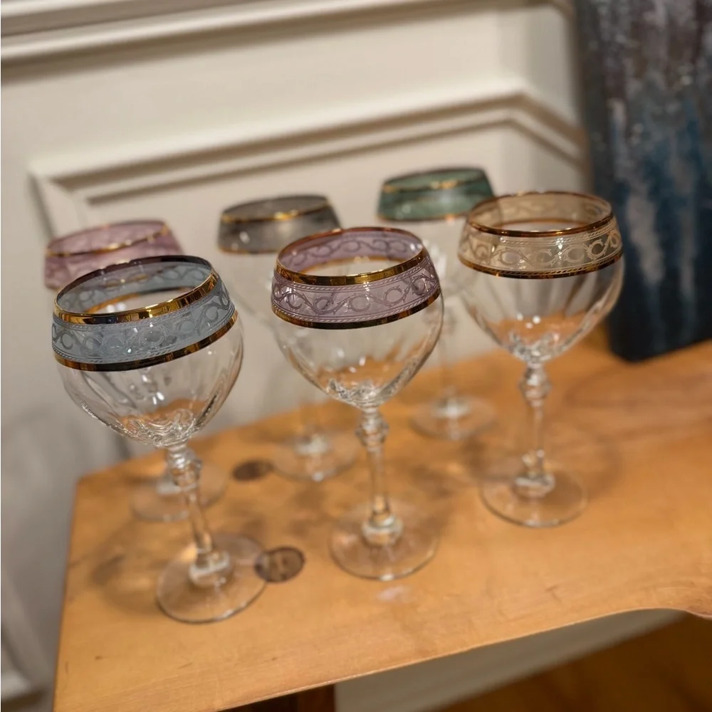 Exquisite Vintage Italian Crystal Wine Glasses by Fumo;‎ Set of 6
